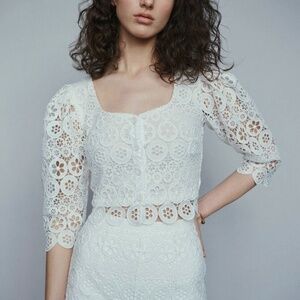 MAJE Manuela White Guipure Lace Cropped Top Blouse
